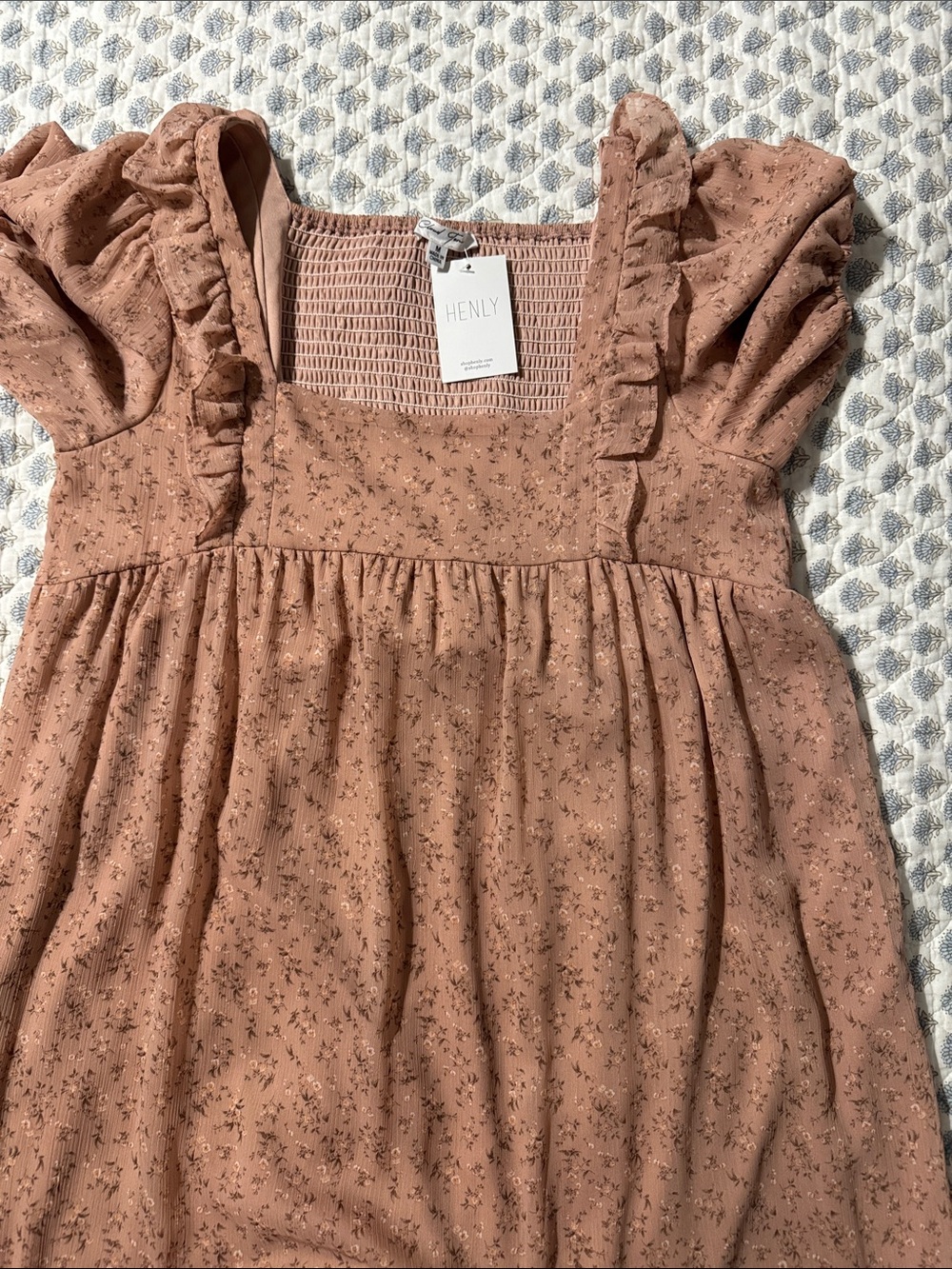 Henly Women's Dusty Rose Midi Dress with Ruffle Shoulders.